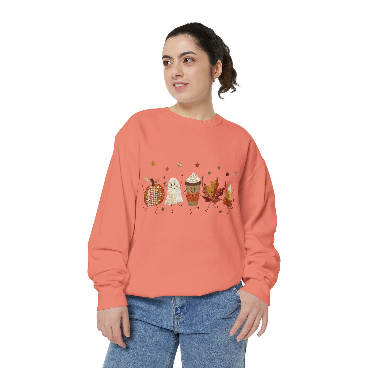 Fall Character Sweatshirt — Cute Autumn Pumpkin, Leaf & Coffee Graphic Crewneck