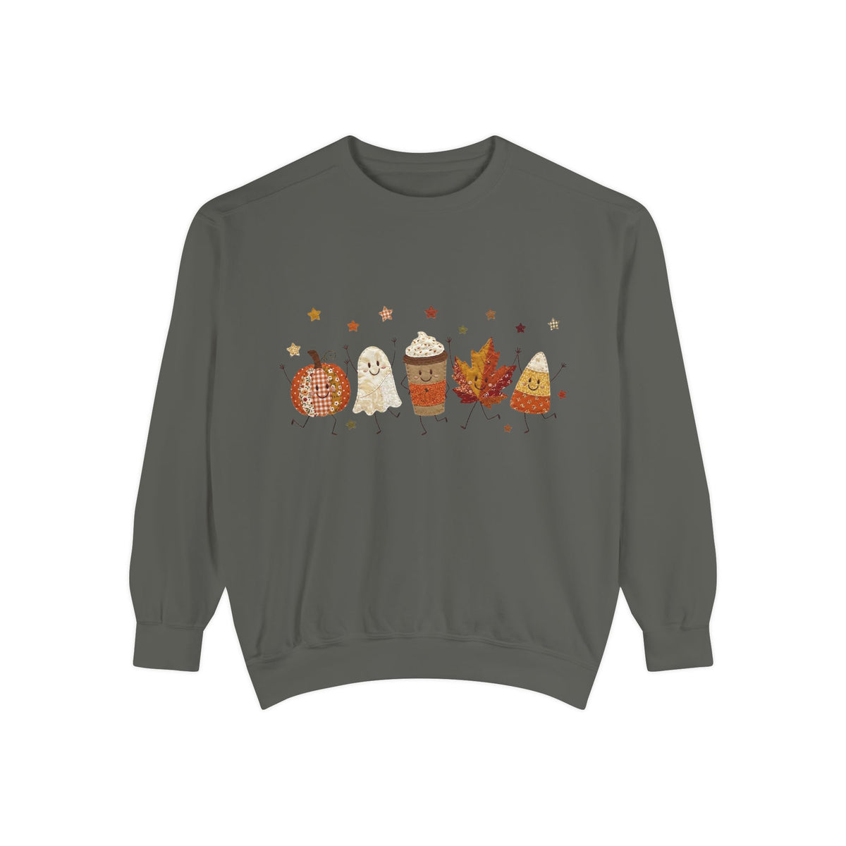 Fall Character Sweatshirt — Cute Autumn Pumpkin, Leaf & Coffee Graphic Crewneck