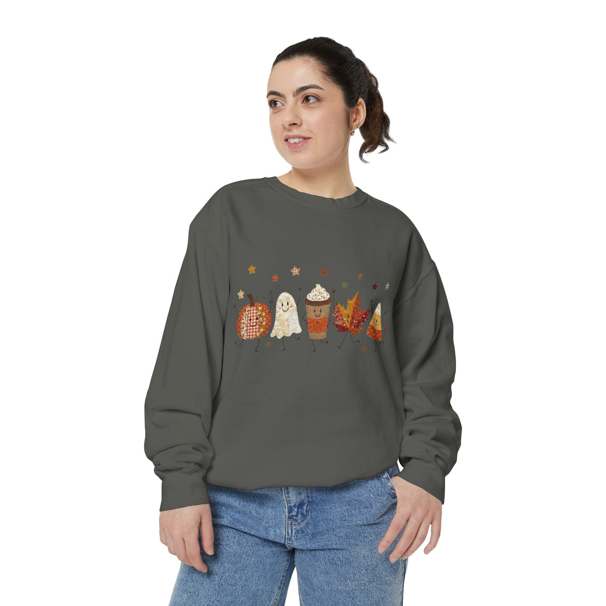Fall Character Sweatshirt — Cute Autumn Pumpkin, Leaf & Coffee Graphic Crewneck
