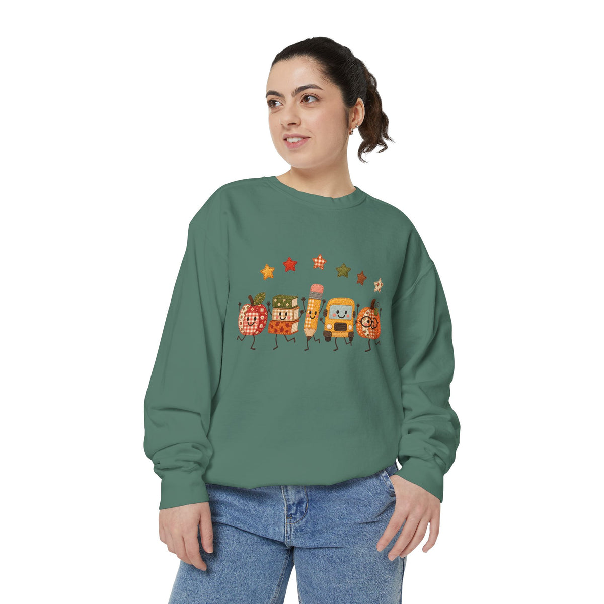 Cute Fall Teacher Characters and Stars Crewneck
