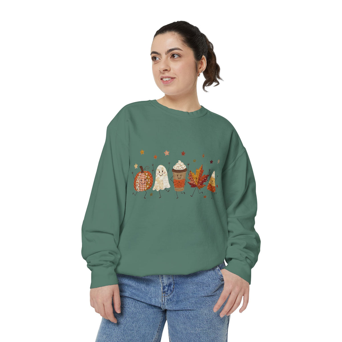 Fall Character Sweatshirt — Cute Autumn Pumpkin, Leaf & Coffee Graphic Crewneck