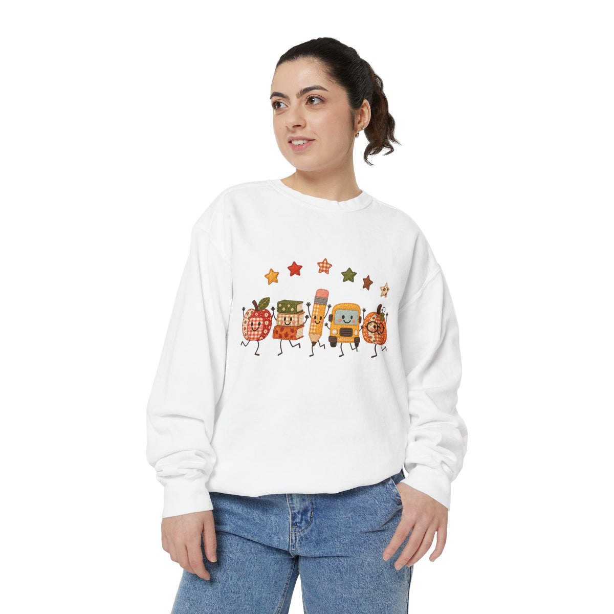 Cute Fall Teacher Characters and Stars Crewneck