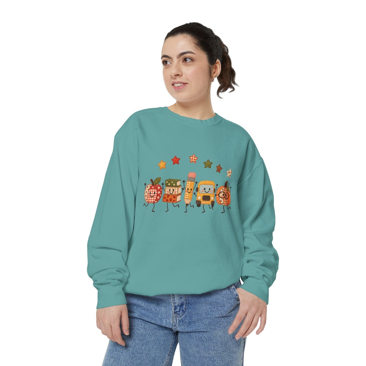 Cute Fall Teacher Characters and Stars Crewneck