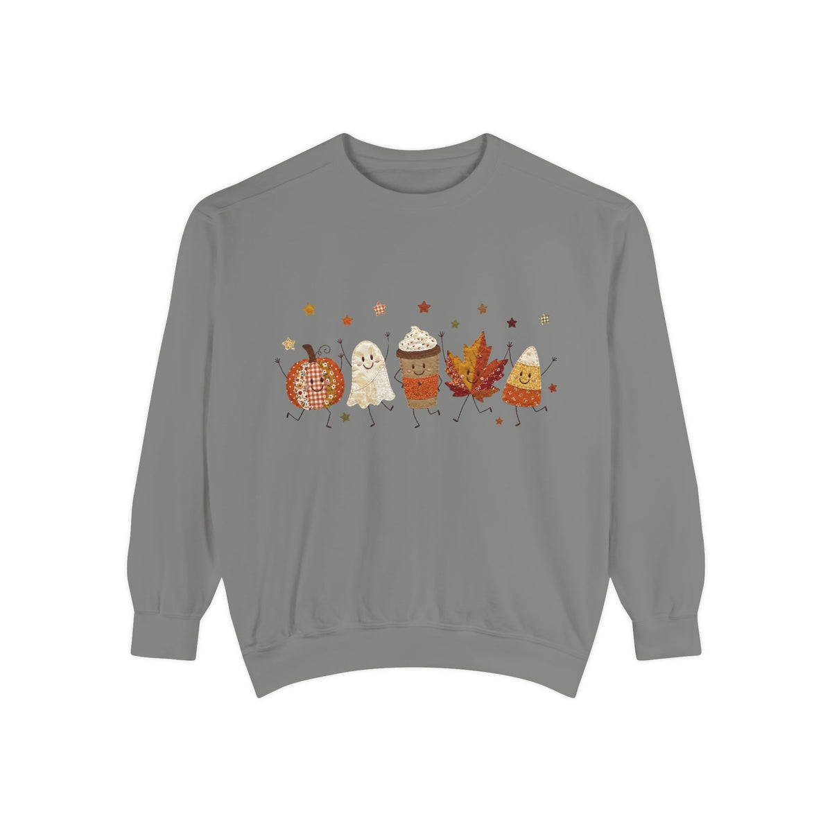 Fall Character Sweatshirt — Cute Autumn Pumpkin, Leaf & Coffee Graphic Crewneck