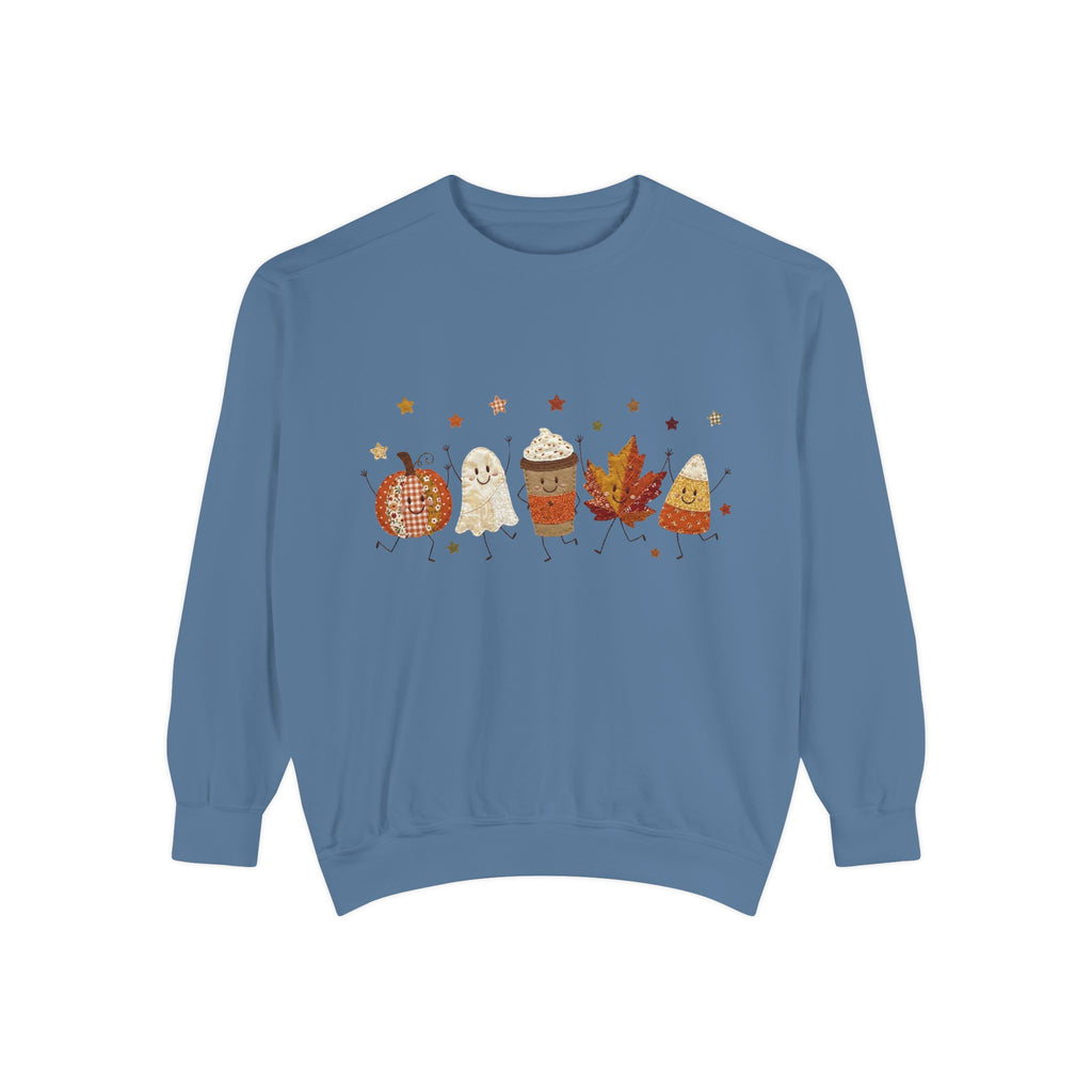 Fall Character Sweatshirt — Cute Autumn Pumpkin, Leaf & Coffee Graphic Crewneck