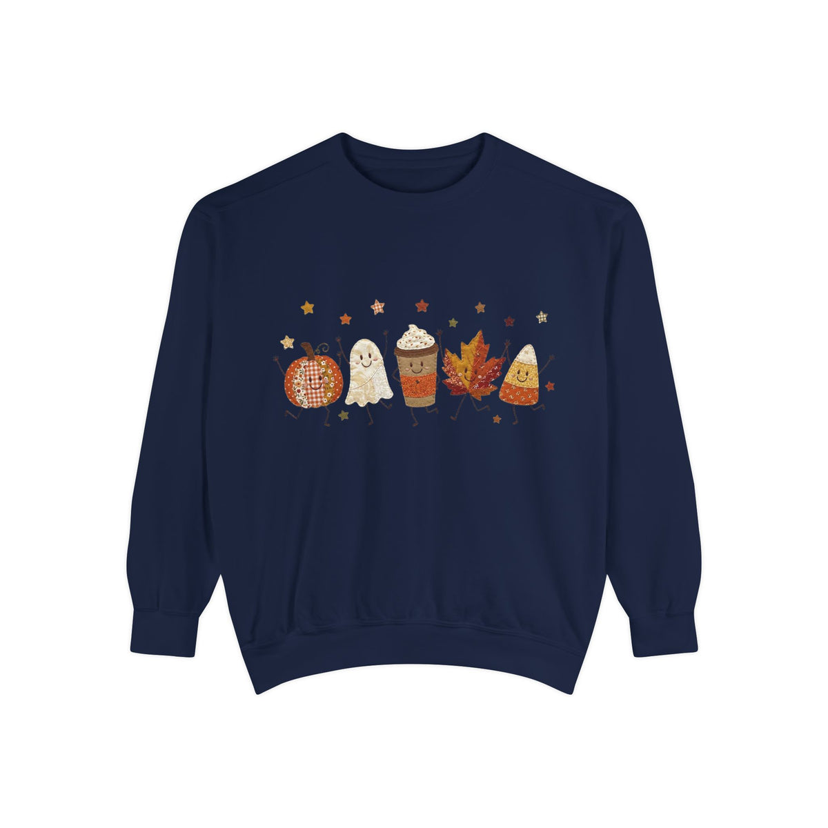 Fall Character Sweatshirt — Cute Autumn Pumpkin, Leaf & Coffee Graphic Crewneck