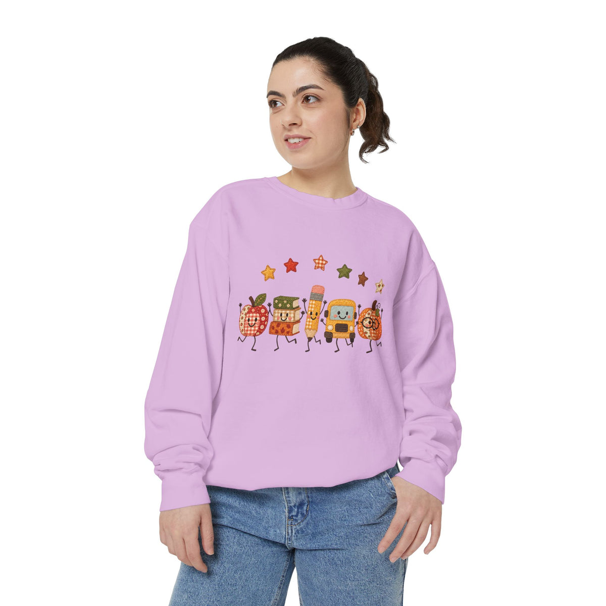 Cute Fall Teacher Characters and Stars Crewneck