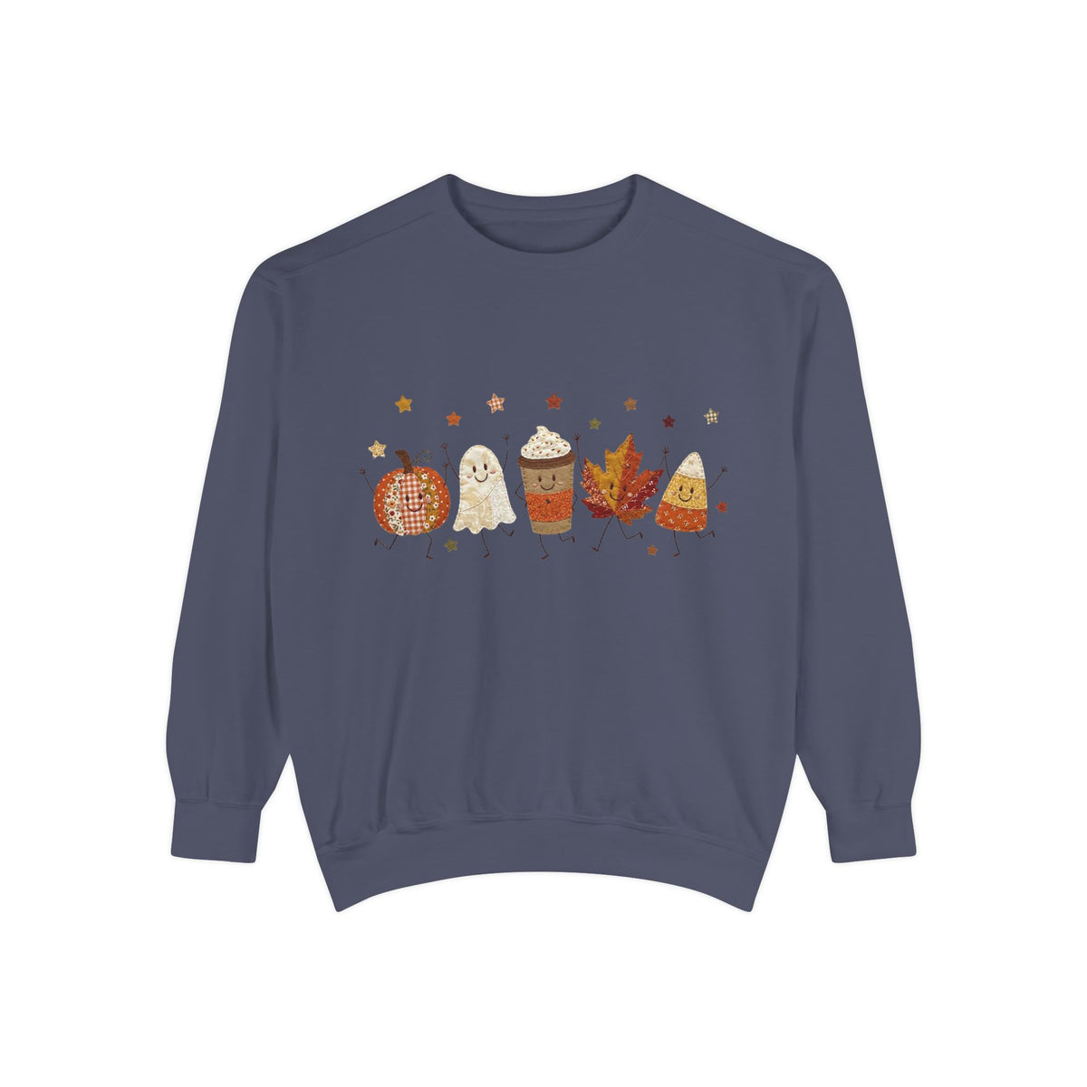 Fall Character Sweatshirt — Cute Autumn Pumpkin, Leaf & Coffee Graphic Crewneck