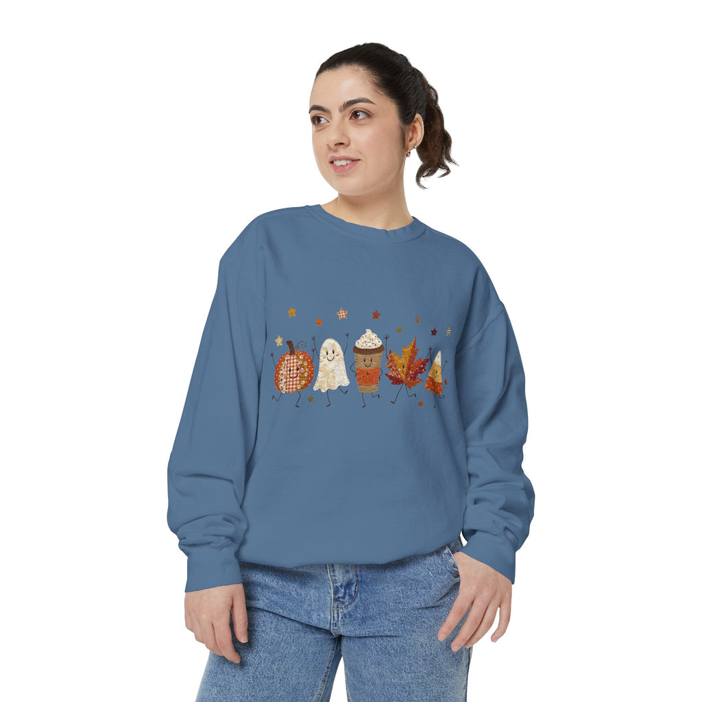 Fall Character Sweatshirt — Cute Autumn Pumpkin, Leaf & Coffee Graphic Crewneck