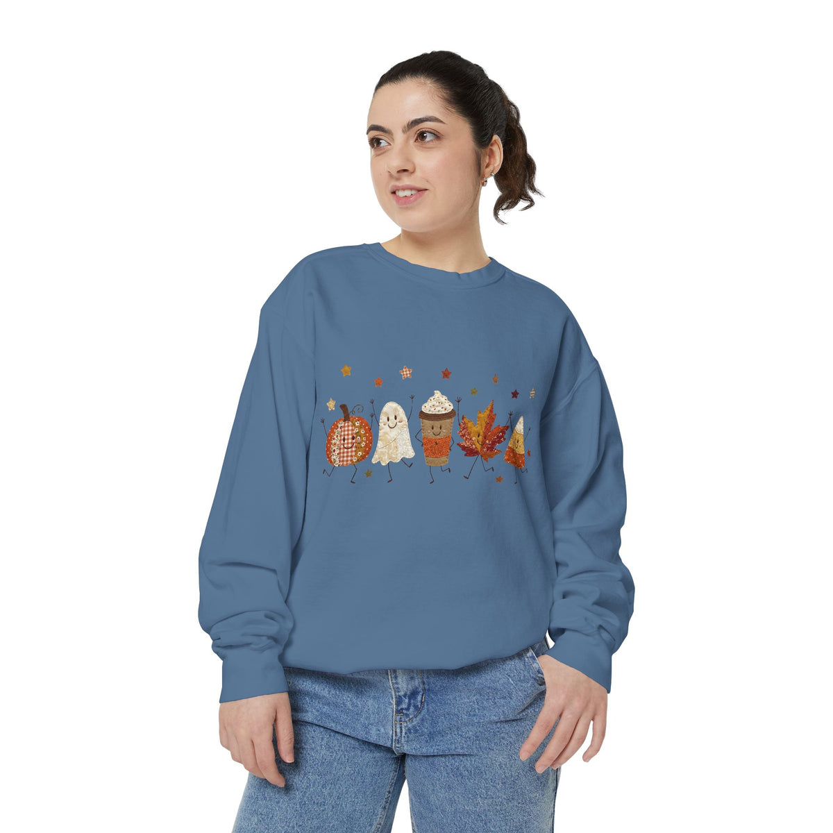 Fall Character Sweatshirt — Cute Autumn Pumpkin, Leaf & Coffee Graphic Crewneck